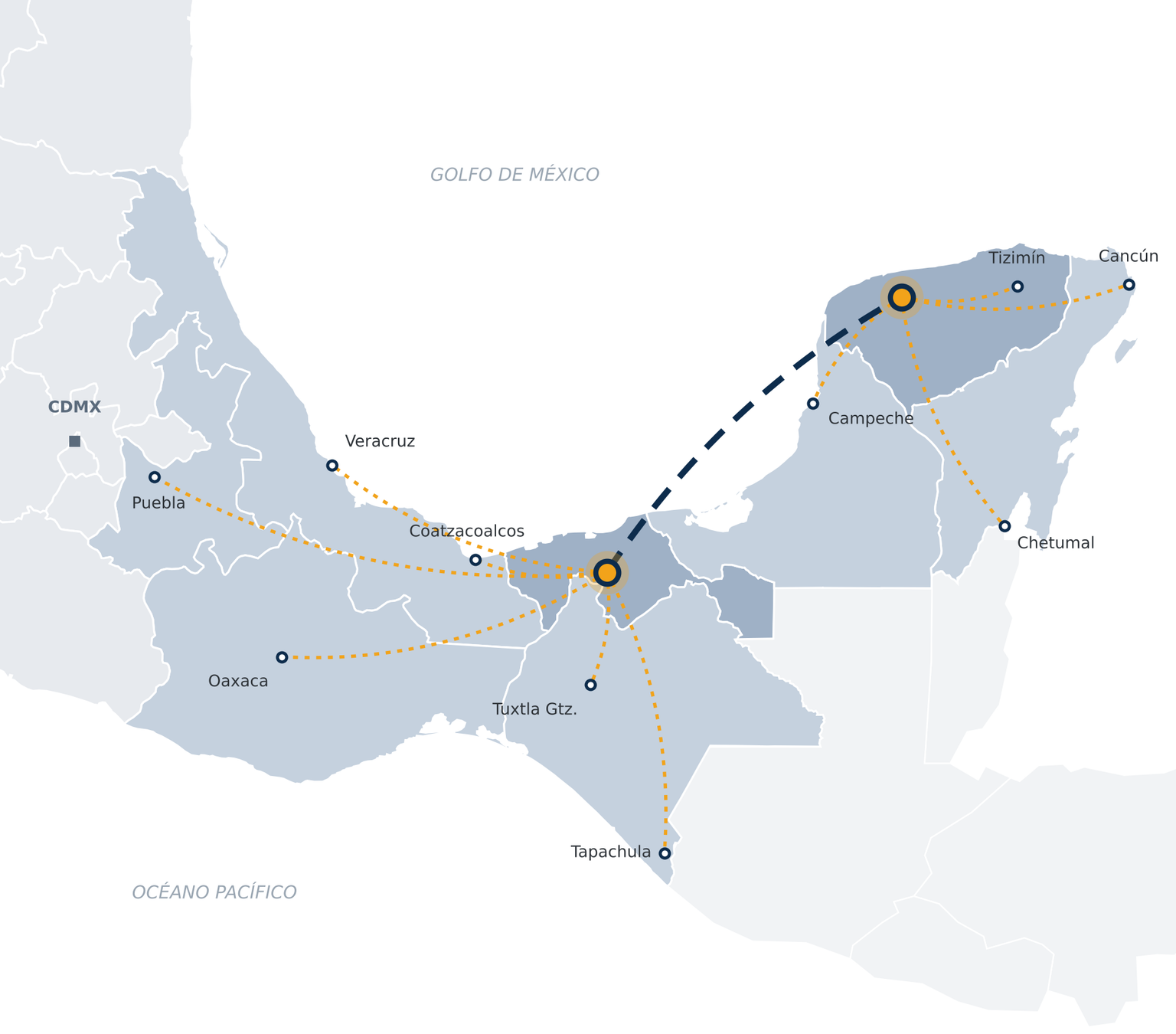 Mapa de cobertura de WH&LOG en el sureste de México